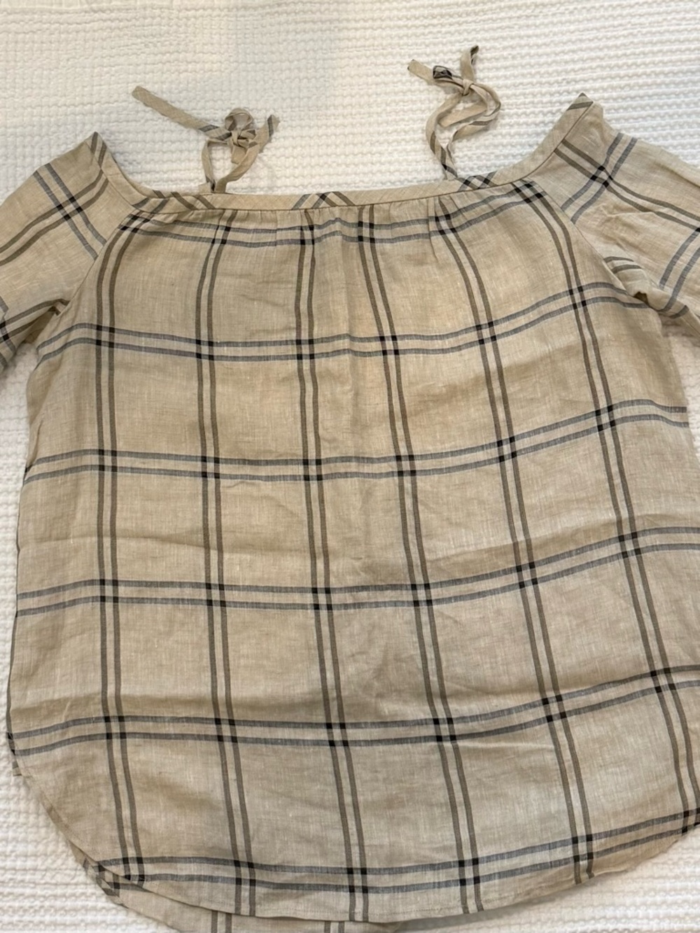 Linen Tan Black Plaid Off-Shoulder Tie-Shoulder Blouse (Burberry like pattern)